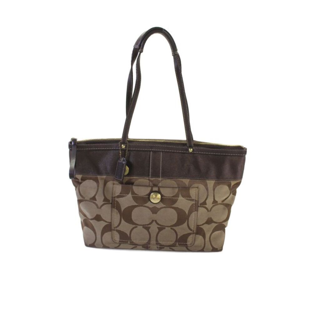 Coach Womens Monogram Print Gold Tone Tote Shoulder Handbag Brown
